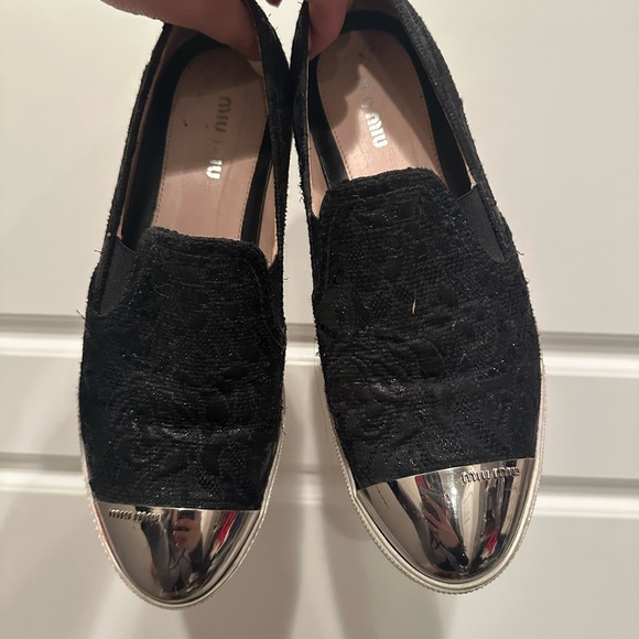 Miu Miu Black Loafers with Silver Toe Cap 5.5 size 36 shoes sneakers - Picture 1 of 4